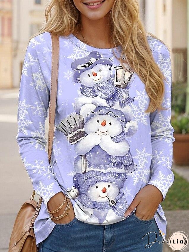 Women's Pink Vintage Snowman Print Round Neck Long Sleeve Top