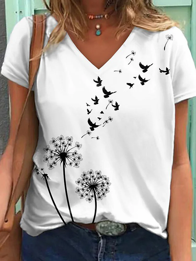 Women's Casual Dandelion Print Short Sleeve T-Shirt