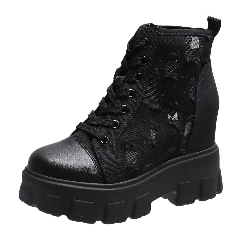 2022 Autumn Hollow Out Canvas Ankle Boots For Women Round Toe Lace Up Hidden Heels Shoes Woman Chunky Platform Booties