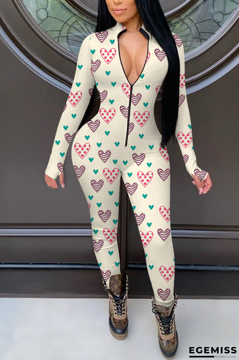 Cream White Casual Print Patchwork Zipper Collar Skinny Jumpsuits | EGEMISS