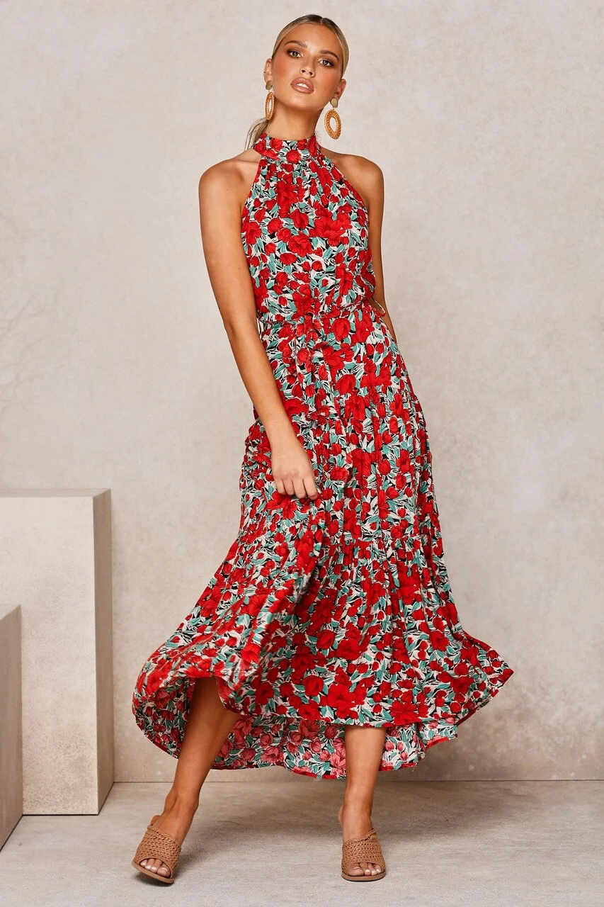 Women's Summer fashion Hanging Neck Polka Dot Print Lace Up Dress Chiffon Bohemian Fragmented Flower Loose Sleeveless Dress Vestido