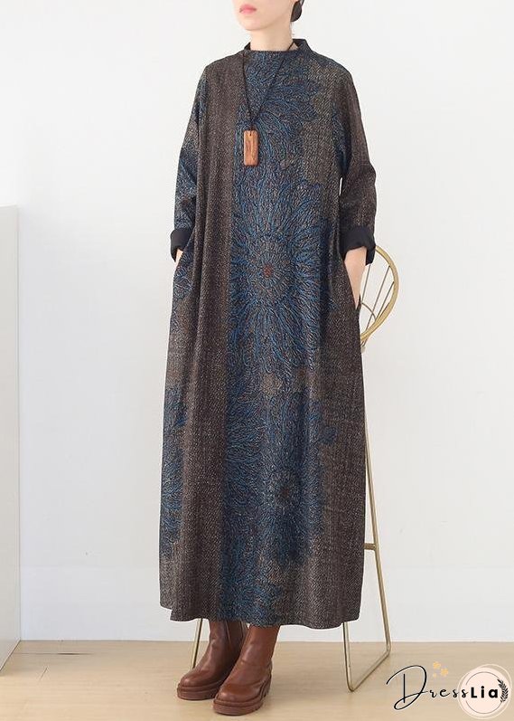Winter Blue Prints Retro Loose Large Size Dress