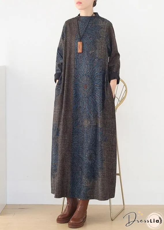 Winter Blue Prints Retro Loose Large Size Dress