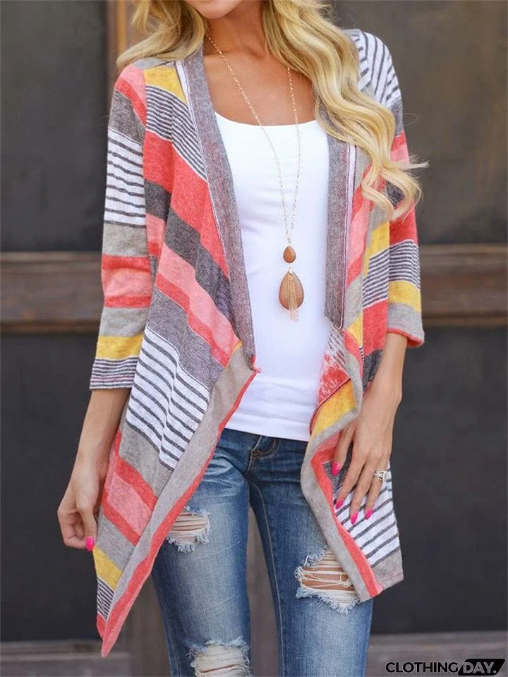 Spring Asymmetric Stripe Contrast Color 3/4 Sleeve Cardigan Women Blouses