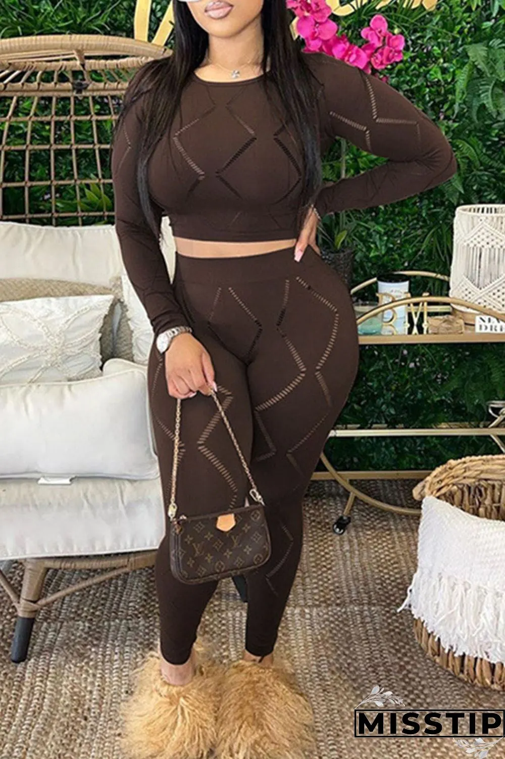 Green Casual Solid Ripped Hollowed Out O Neck Long Sleeve Two Pieces