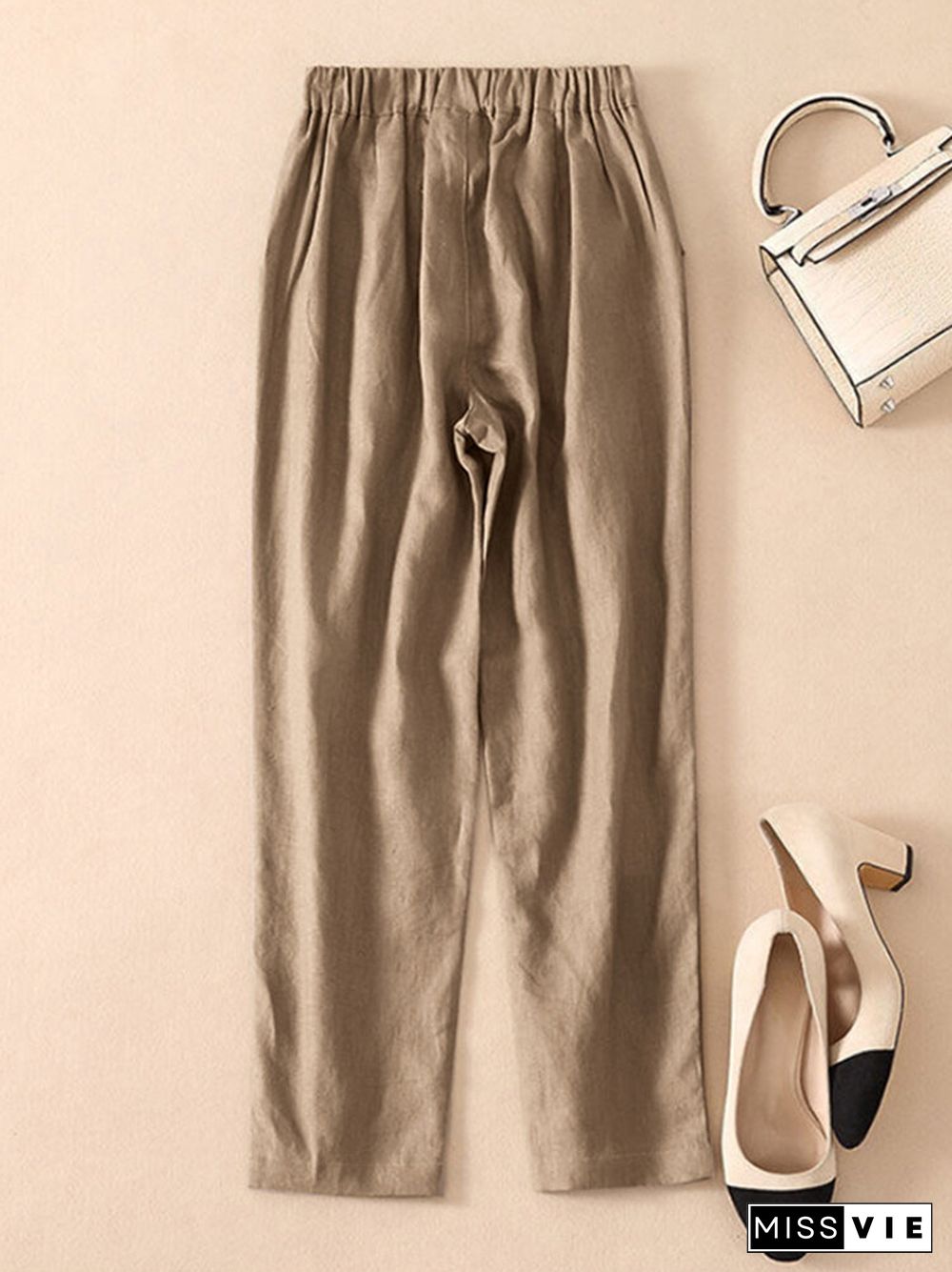 Solid Pocket Elastic Waist Casual Pants For Women