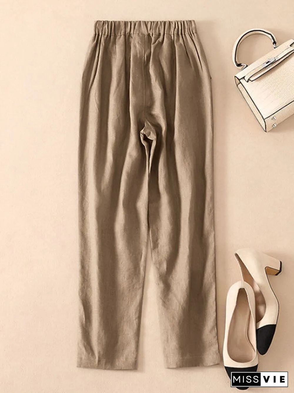 Solid Pocket Elastic Waist Casual Pants For Women