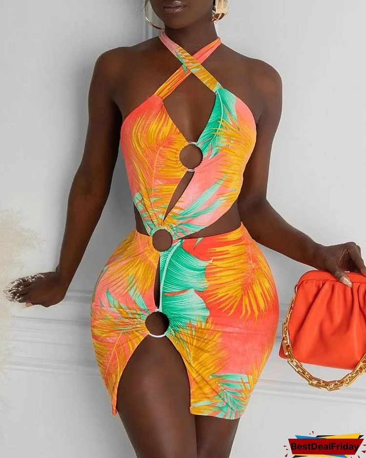 Tropical Print O Ring Cutout Bodycon Dress P3102965895