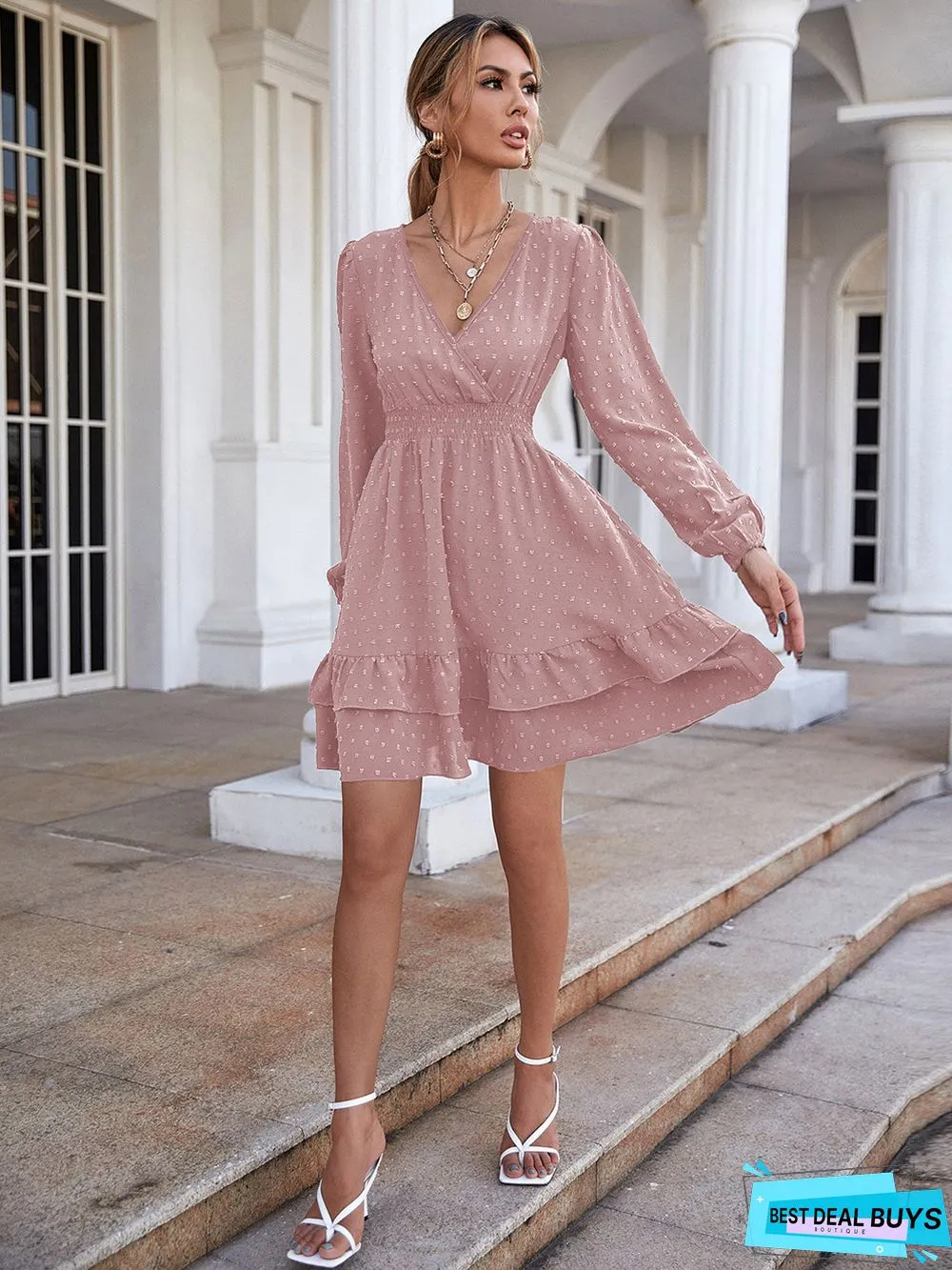 V-Neck Long-Sleeve Flounces Trim Commuter Dress For Women