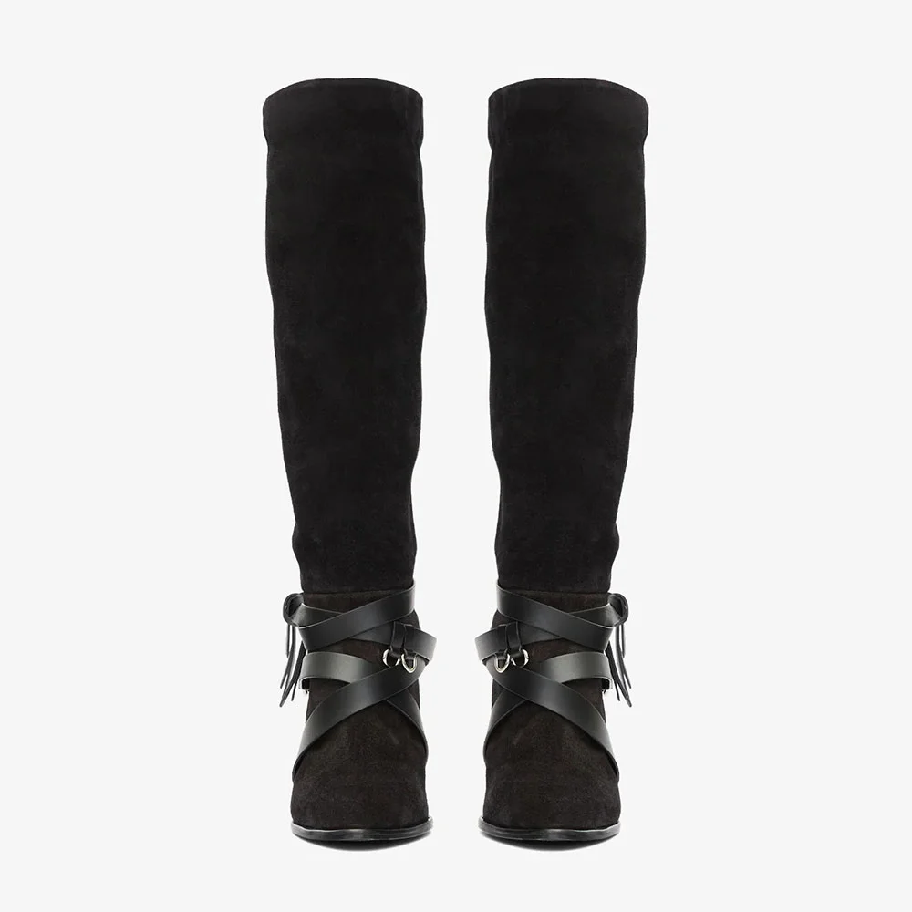Black Pointed Toe Stiletto Heel Cross Strap Knee High Boots with Ring