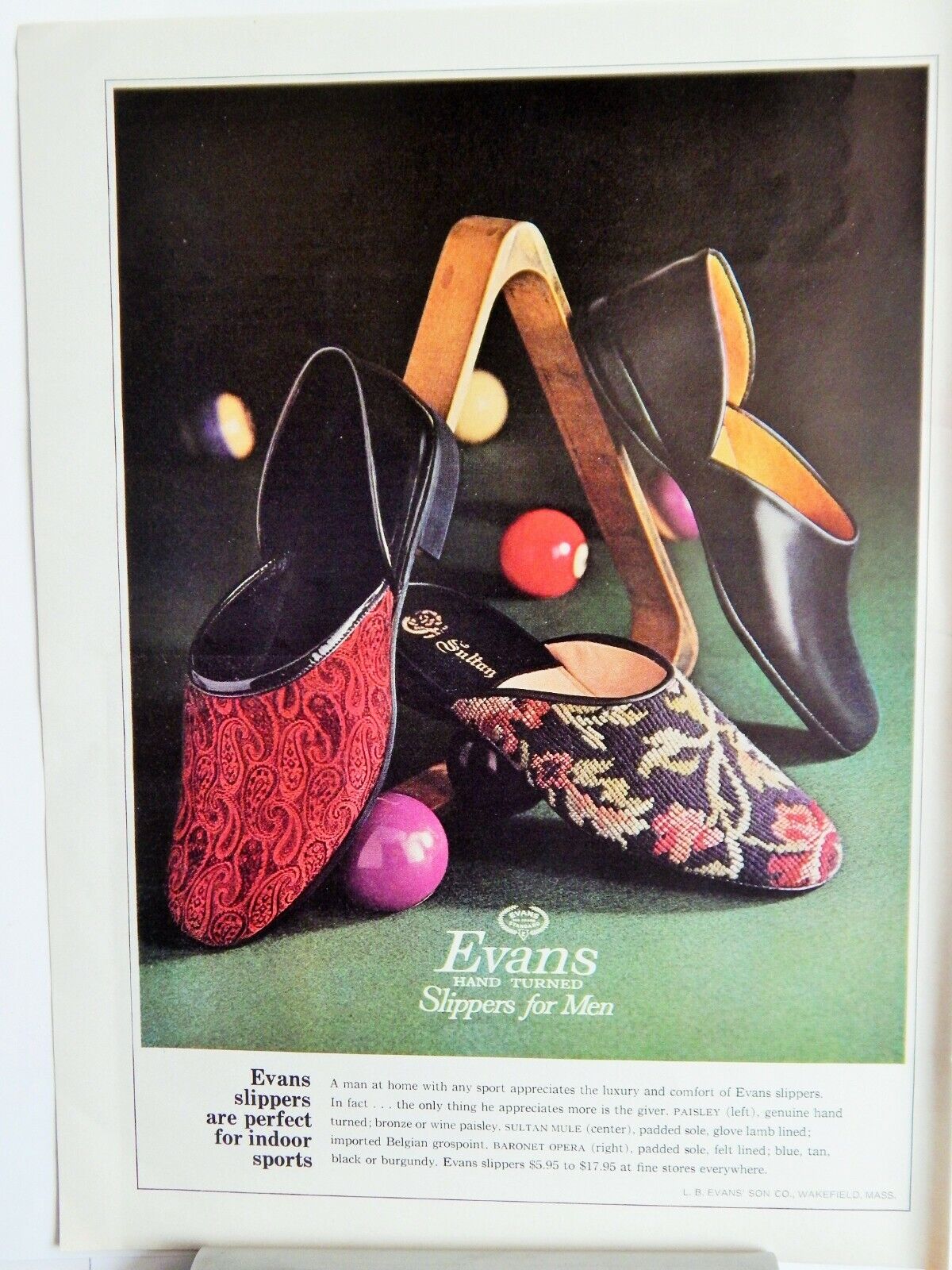 EVANS HAND TURNED SLIPPERS FOR MEN ORIG. VTG 1966 Photo Poster painting AD, RARE EPHEMERA