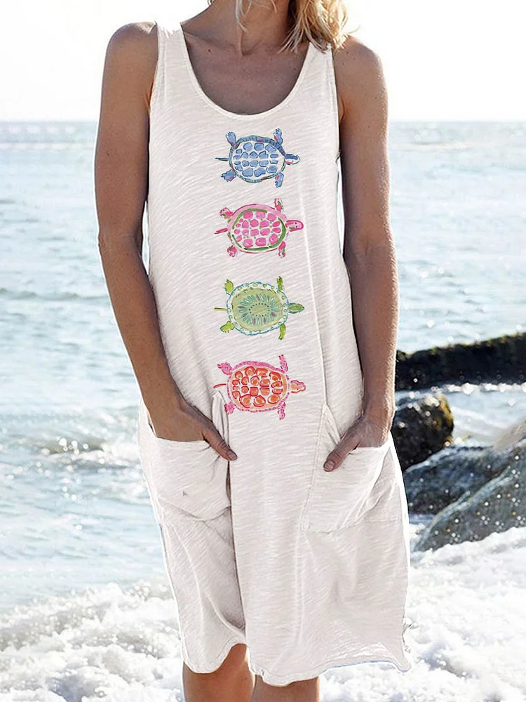 Women's Beach Holiday Watercolor Turtle  Print Casual Stylish Dress