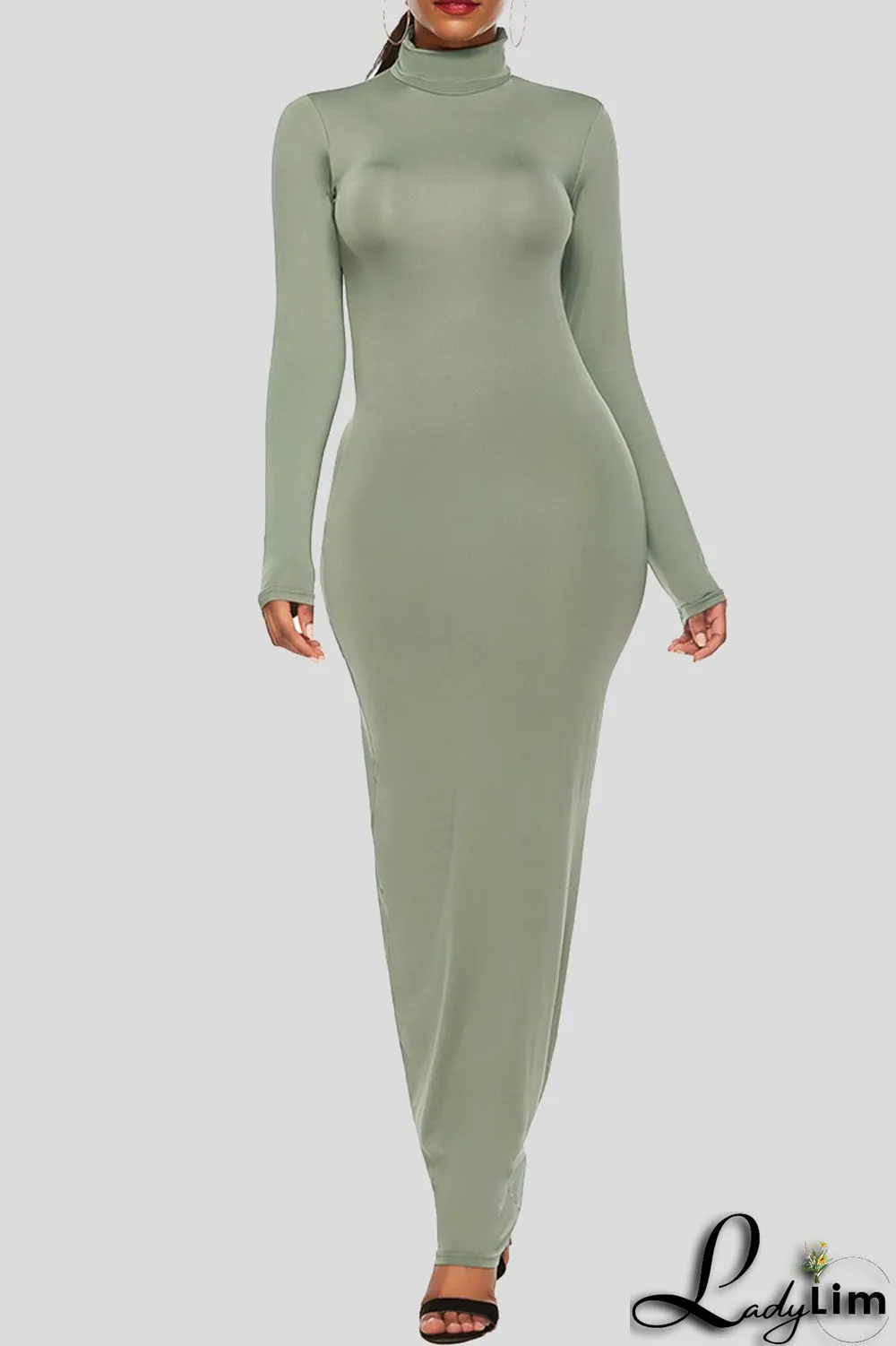Black Fashion Casual Solid Basic Turtleneck Long Sleeve Dresses