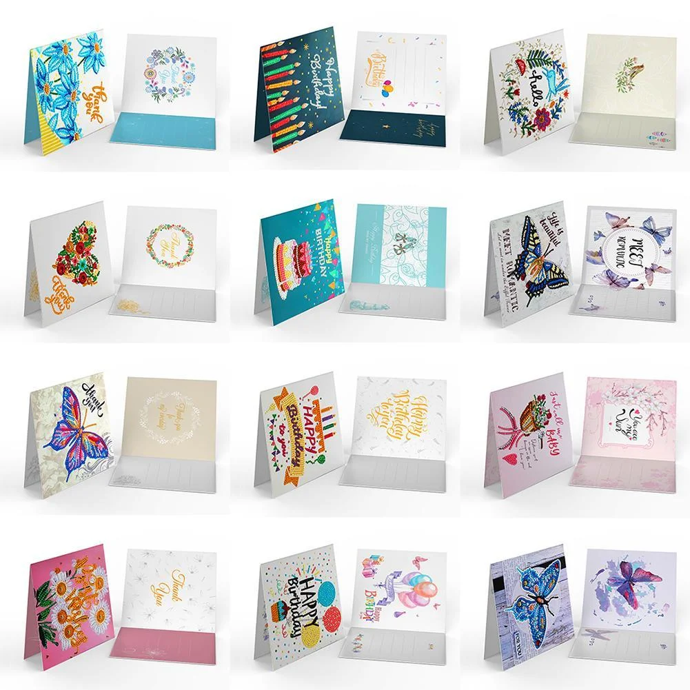 12pcs Diamond Painting Greeting Card - Rhinestone - Embroidery for Birthday【With White Envelope】