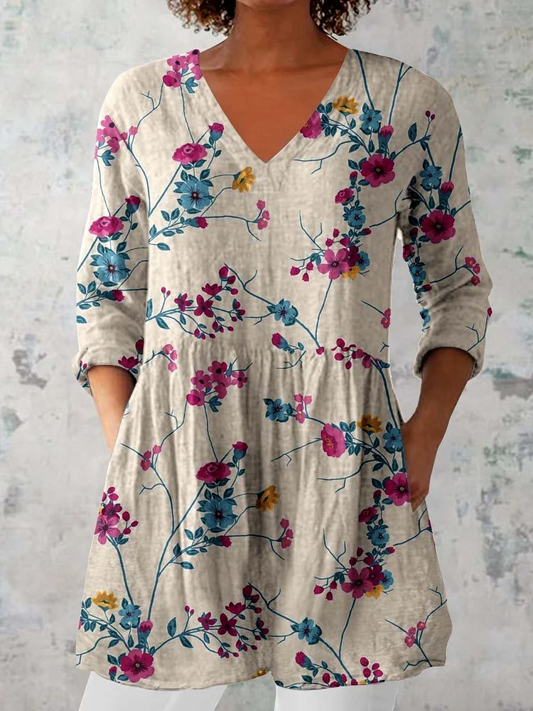 Women's Classic Round Neck Floral Pattern Cotton and Linen Top