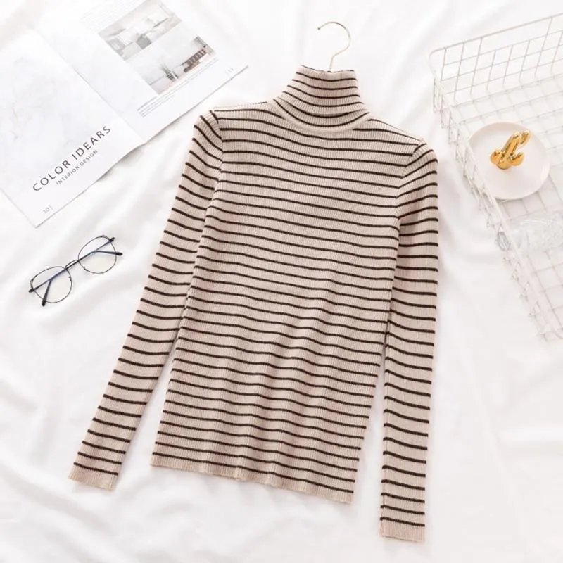 Women Vintage Black and White Striped Knitted Sweater Long Sleeve Turtleneck Slim Warm Casual Pullover 2021 Winter Fashion Tops