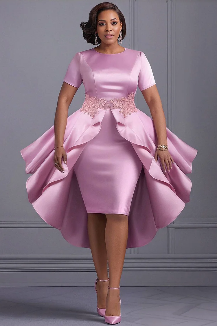 Xpluswear Design Plus Size Mother Of The Bride Pink Round Neck Short Sleeve With Skirt Overlay Elegant Bodycon Midi Dresses [Pre-Order]