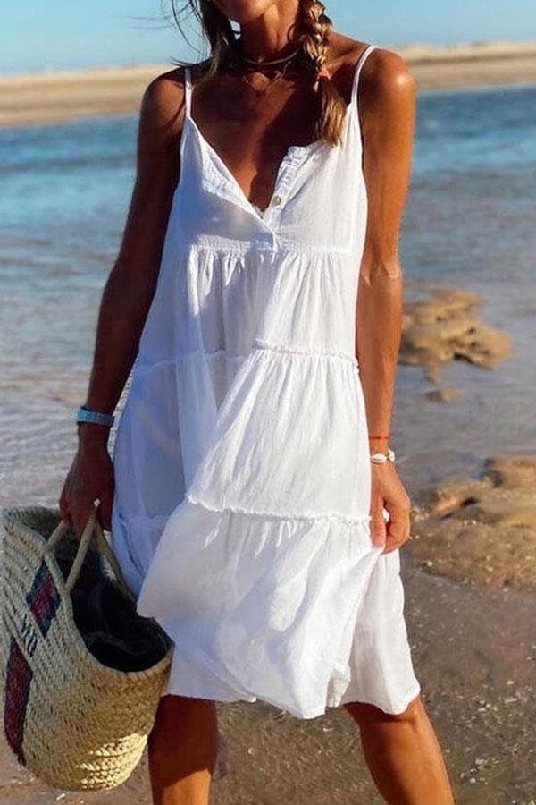 Vacation White Ruffled Suspender Midi Dress