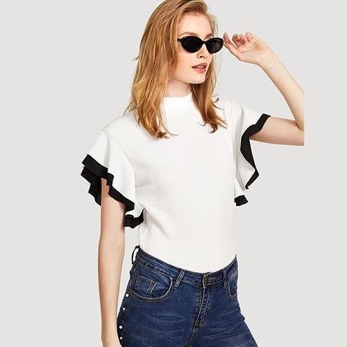Women White Ruffle Sleeve Stand Collar Elegant Blouse Tops | EGEMISS