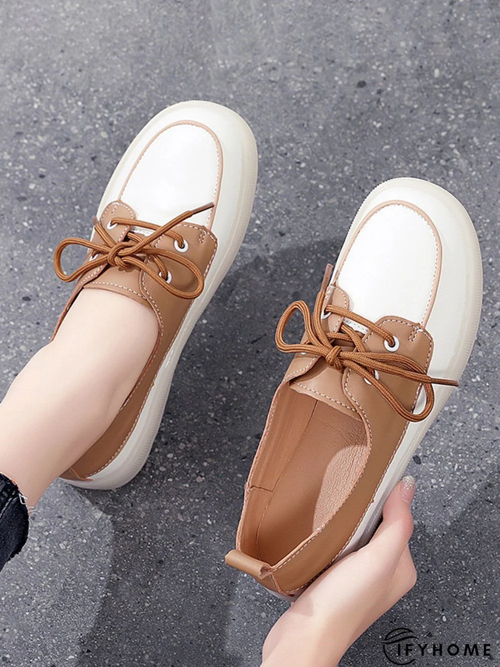 Casual Split Joint Color Block Leather Lace Up Flat Shoes | IFYHOME
