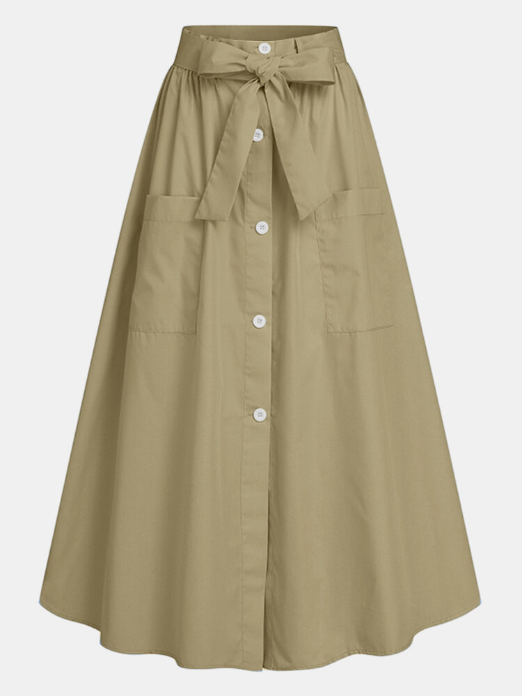 Solid Color Button Pocket Knotted Long Casual Skirt for Women