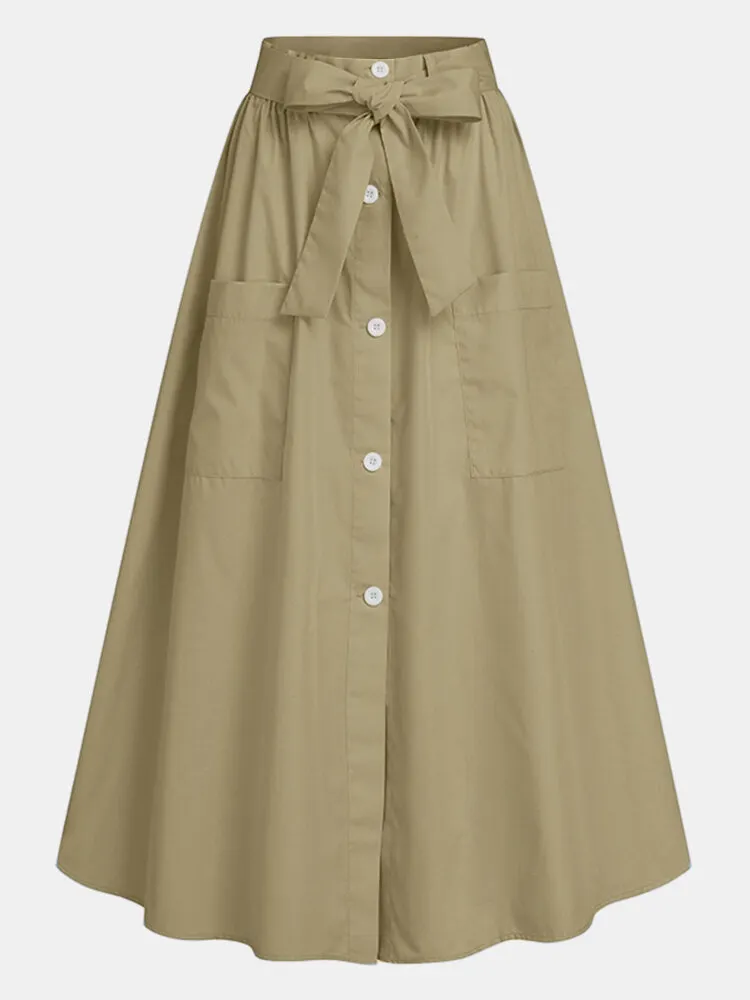 Solid Color Button Pocket Knotted Long Casual Skirt for Women
