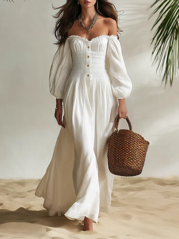 Resort-style Puff-sleeved Off-shoulder Maxi Dress