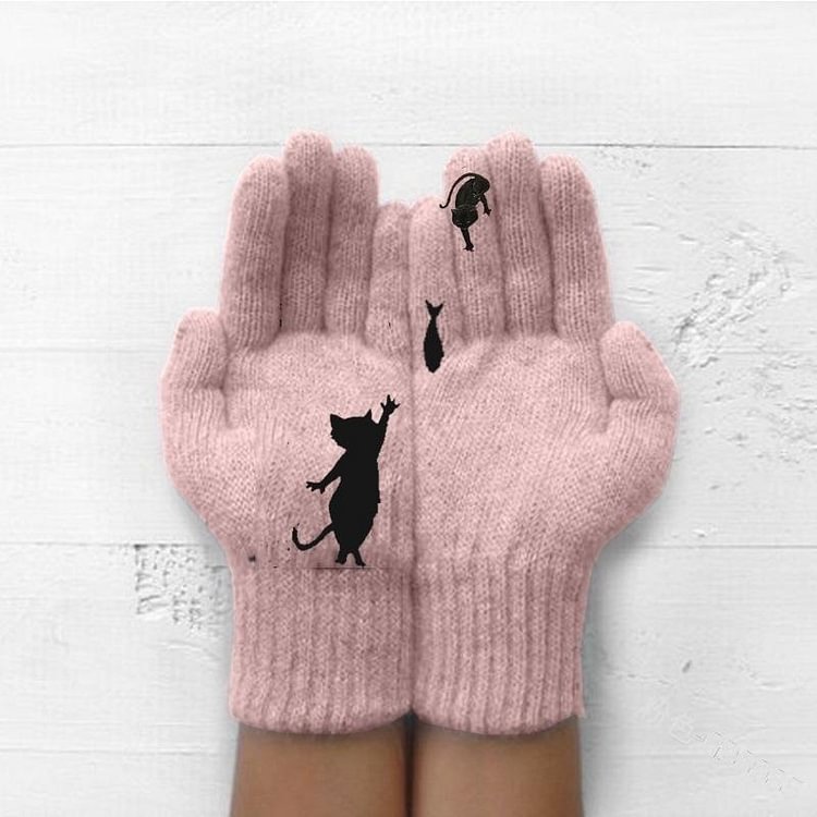 Autumn and winter outdoor warm and cold padded kitten and fish print gloves