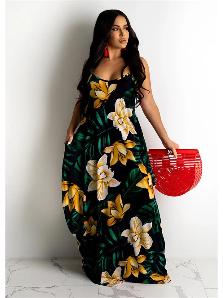 Flower Print Loose Sling Dress Long Skirt | IFYHOME