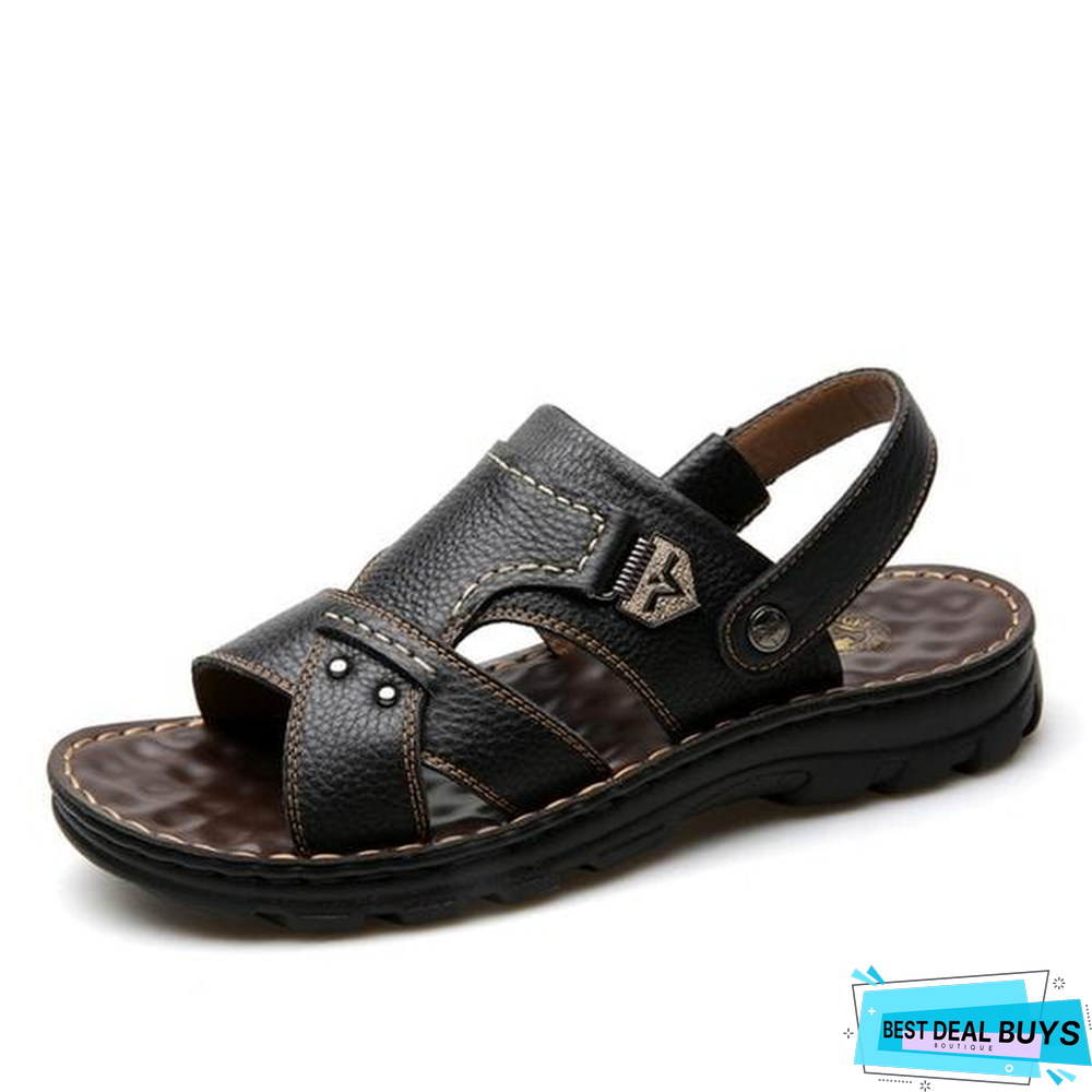 Men's Genuine Leather Sandals Beach Casual Non-Slip Slippers Shoes