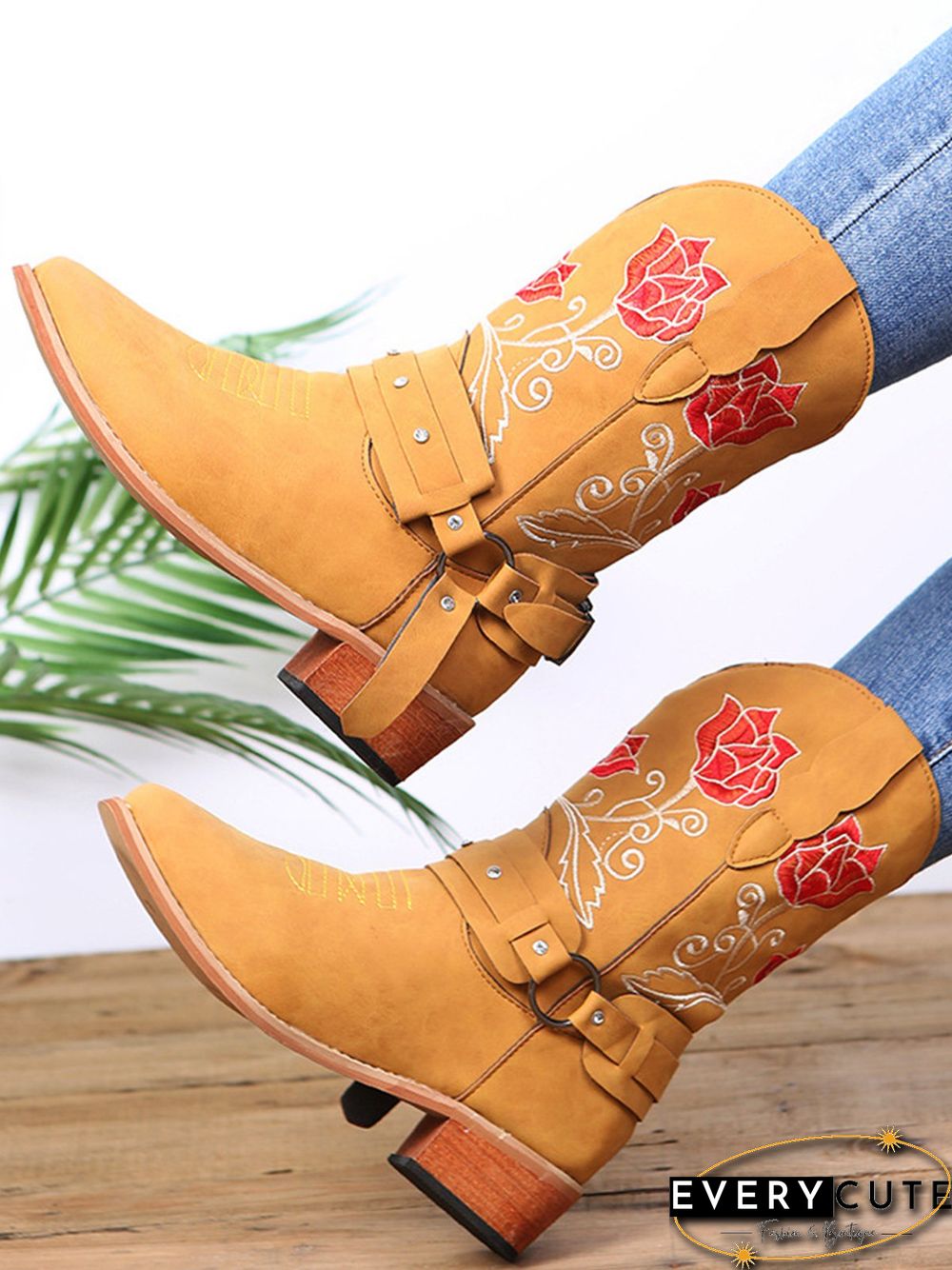 Vintage Floral Embroidered Sleeve Pointed Toe Chunky Heel Cowboy Boots