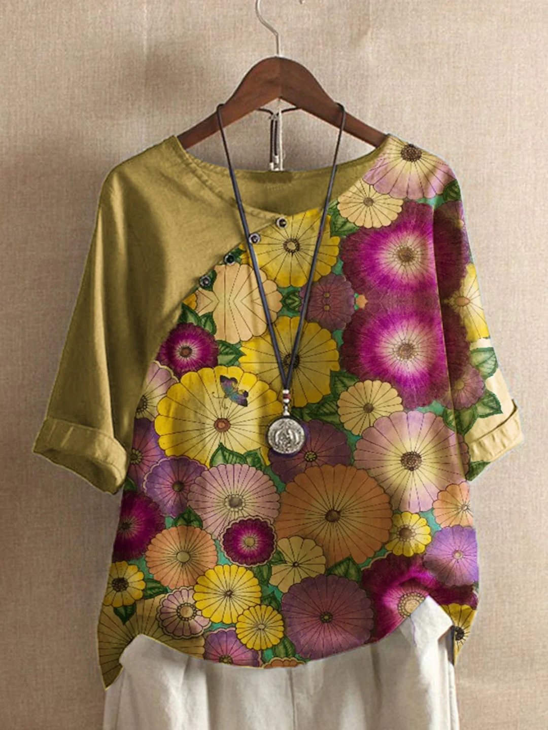 Khaki Vintage Floral Linen Floral-Print Shirts & Tops | EGEMISS