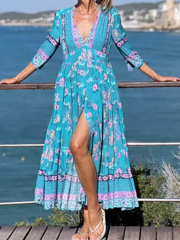 Floral Printed Plunging Split-Side Half Sleeves Maxi Dresses