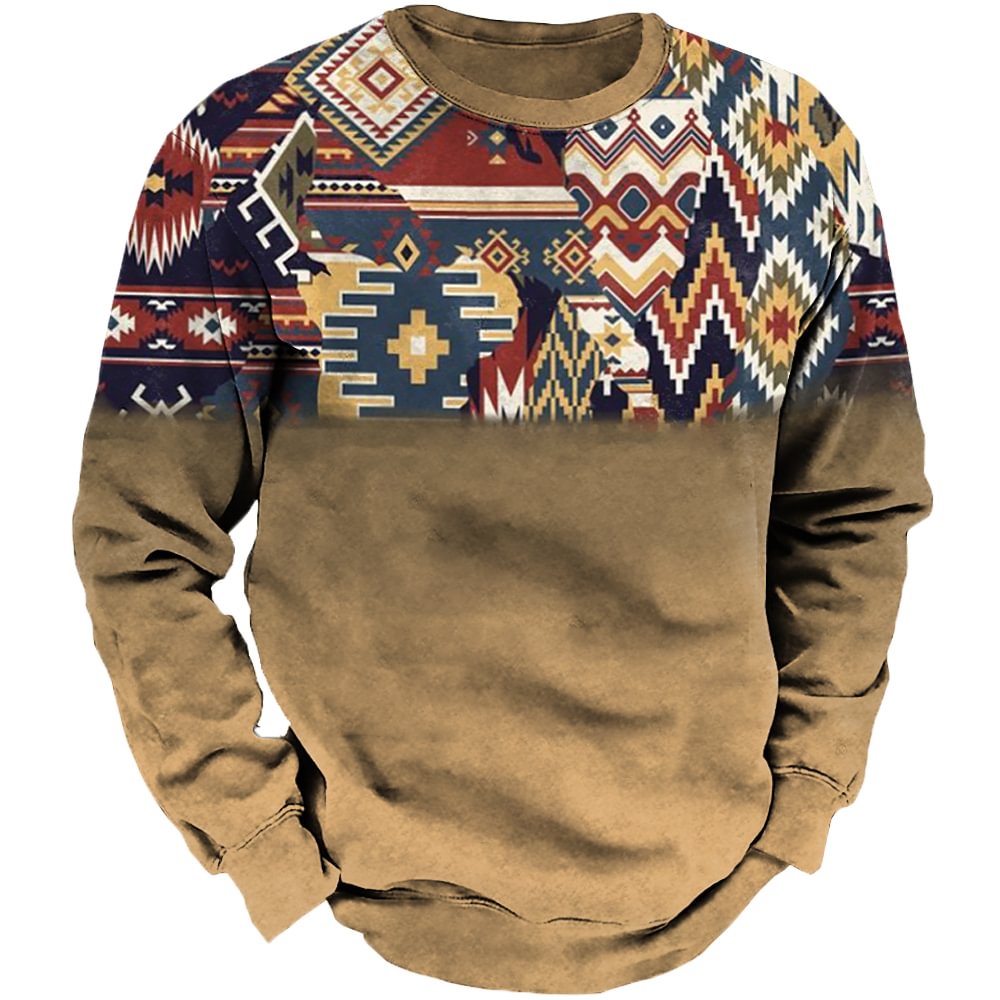 Men's Retro Totem Printed Round Neck Long Sleeved T-Shirt
