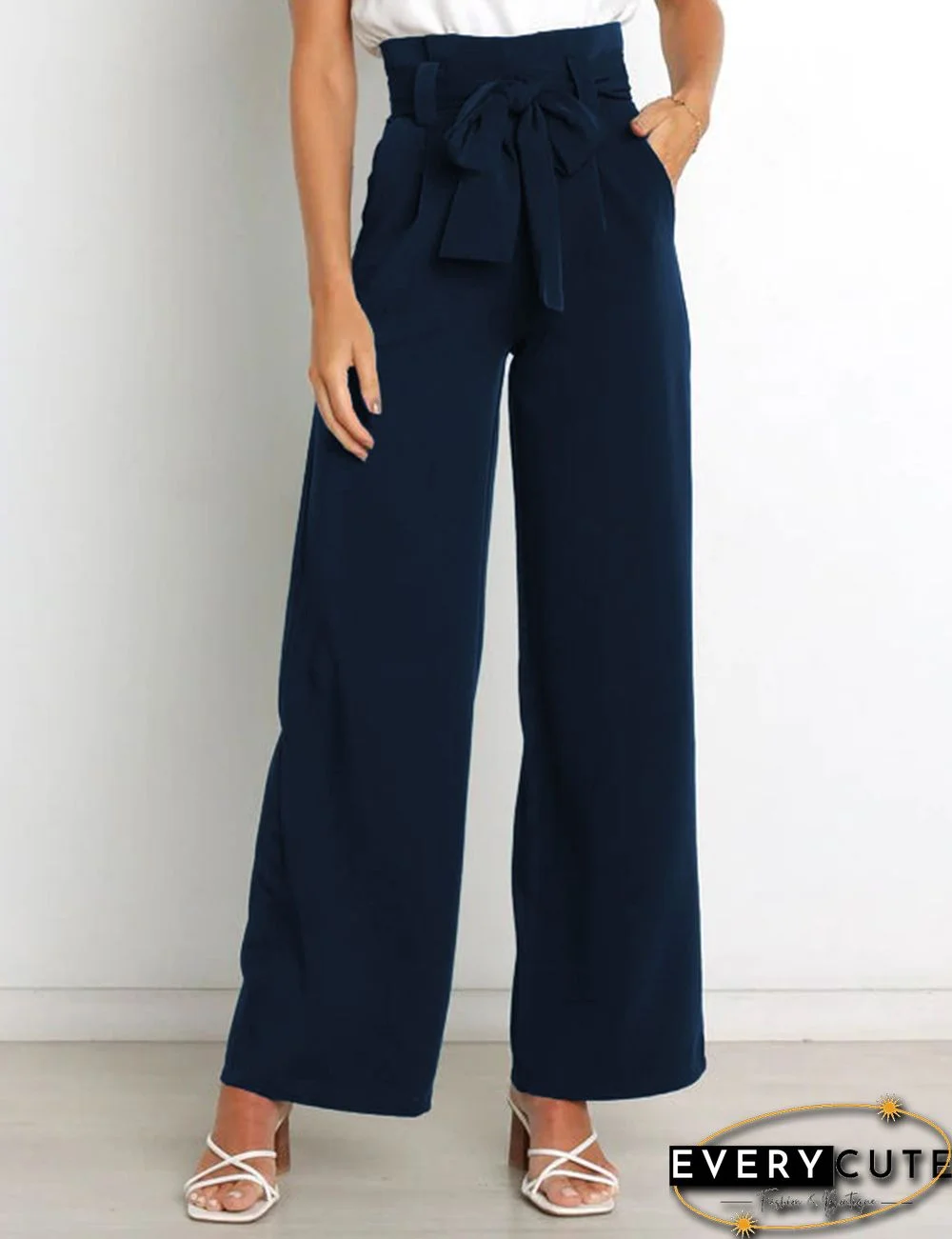 Navy Blue Wide Leg High Waist Pocket Pants with Belt