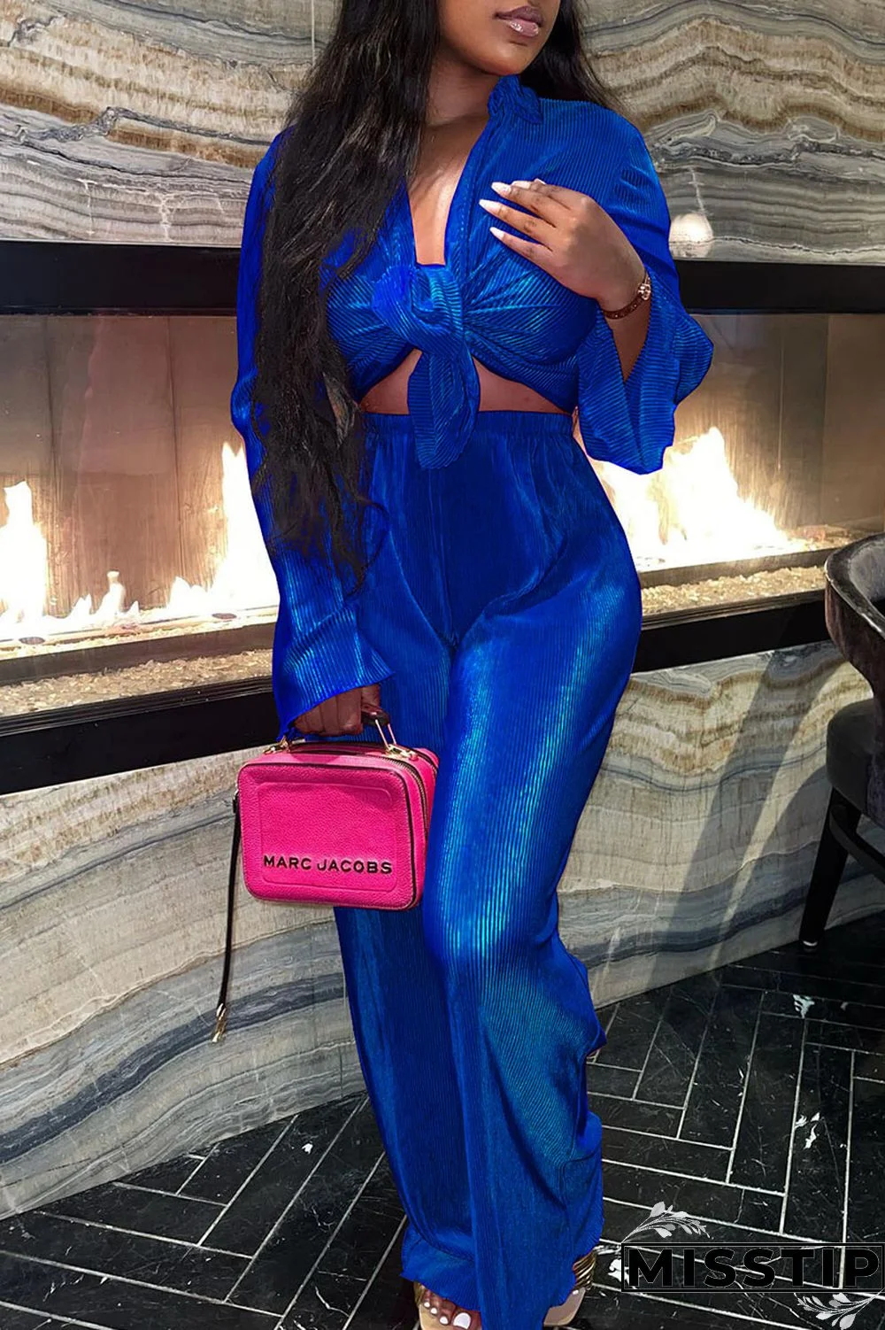 Black Casual Solid Bandage Patchwork Buckle Turndown Collar Long Sleeve Two Pieces