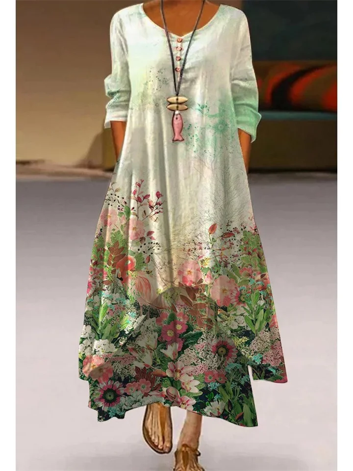 Women's New Style Dress Plant Floral Print Casual Long Sleeve Dress