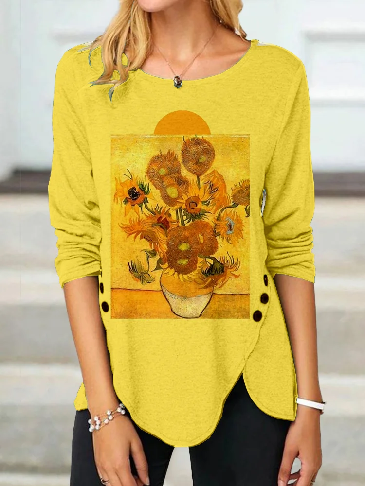 The Sunflowers Oil Painting Art Button Slit T Shirt