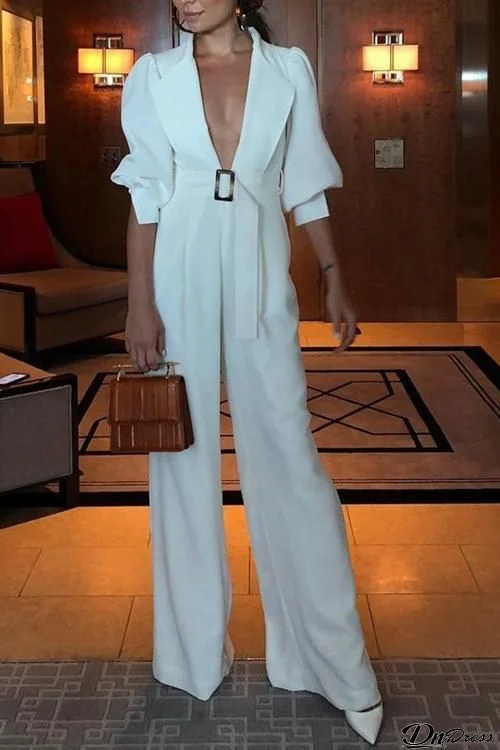 Deep V Neck Puff Sleeve Jumpsuit