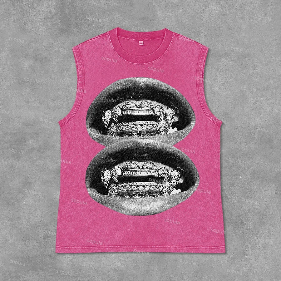 Unisex Lip Graphic Print Casual Acid Washed Sleeveless Tank Top