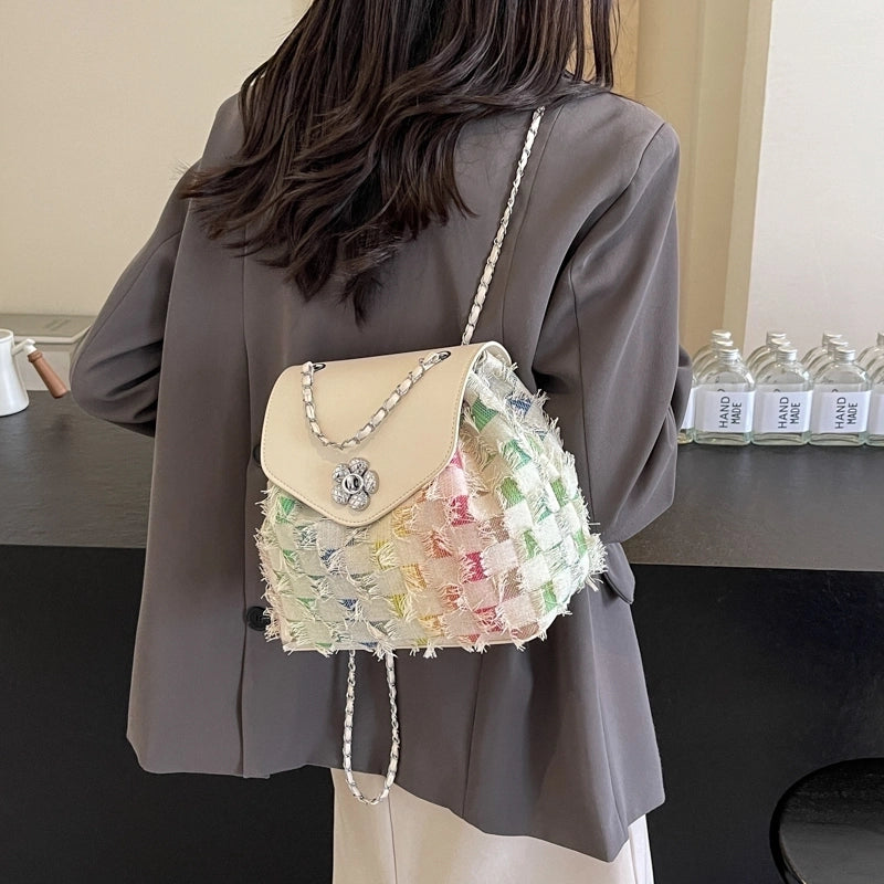 Women’s Medium Cloth Color Block Star Classic Style Streetwear Sewing Thread Square Flip Cover Fashion Backpack