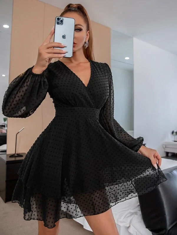 Double Crazy Bishop Sleeve Layered Hem Swiss Dot Dress