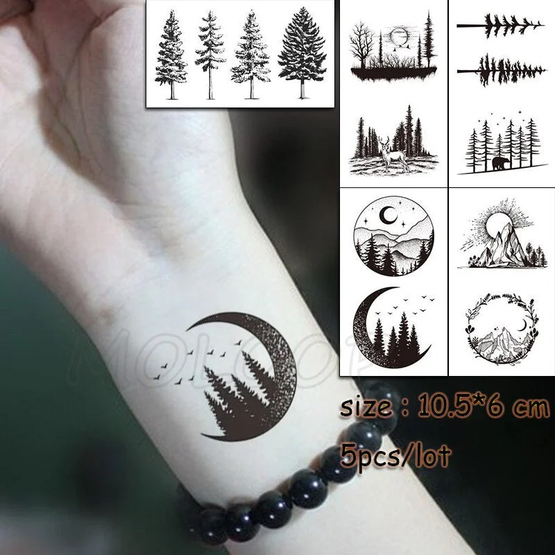 5 Pcs Temporary Tattoo Sticker Tree Bird Moon Sun Forest Waterproof Fake Tatto Water Transfer Tatoo Art for Kid Girl Woman Man
