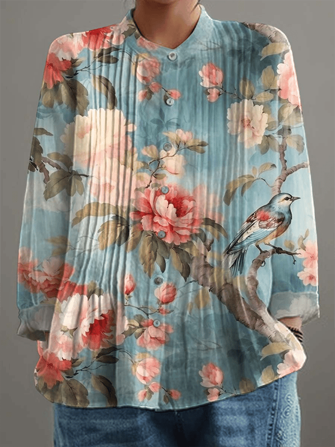 Women's Vintage Botanical Floral Art Print Pleated Design Shirt 