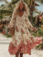 Women's Vacation Romantic Rose Patchwork Art Comfy Linen Maxi Dress