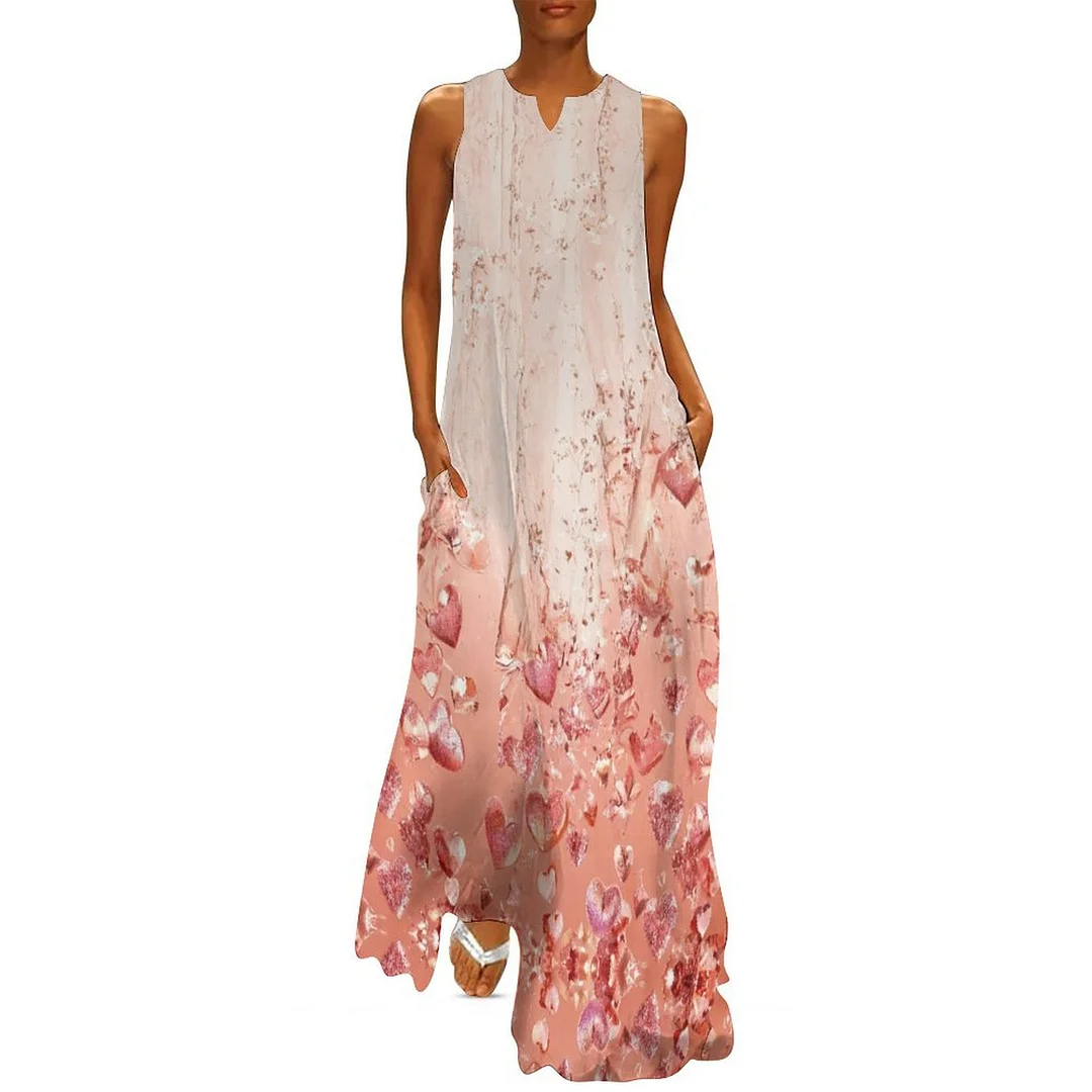 Style & Comfort for Mature Women Plus Size Printed Sleeveless Casual Women Maxi Dress with Pockets in Pattern Floral, Glitter, Pink
