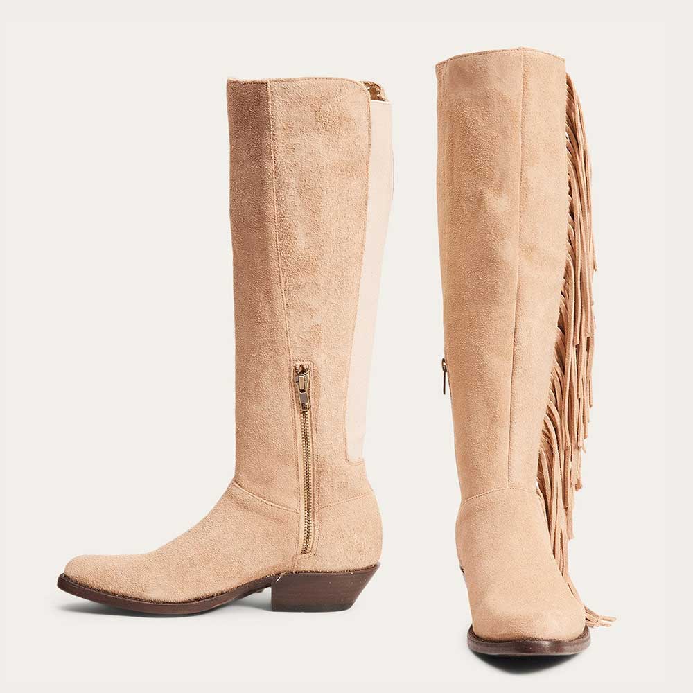 Tan Block Heel Snip Toe Zipper Fringe Knee High Cowboy Boots Nicepairs