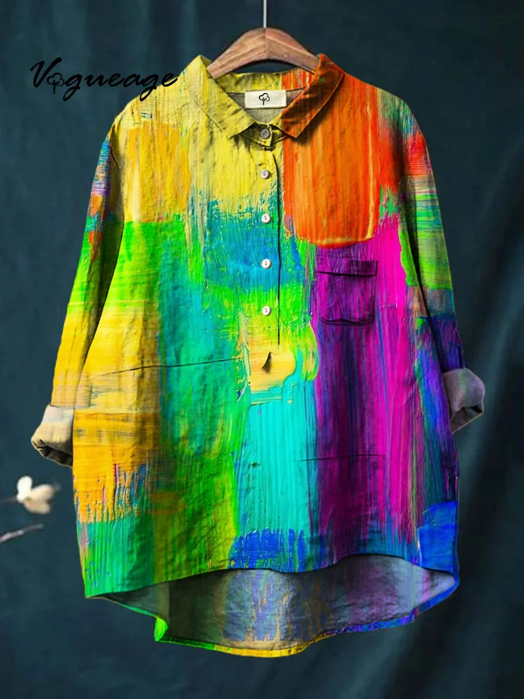 Bright And Colorful Color Block Stitching Printed Cotton And Linen Shirt