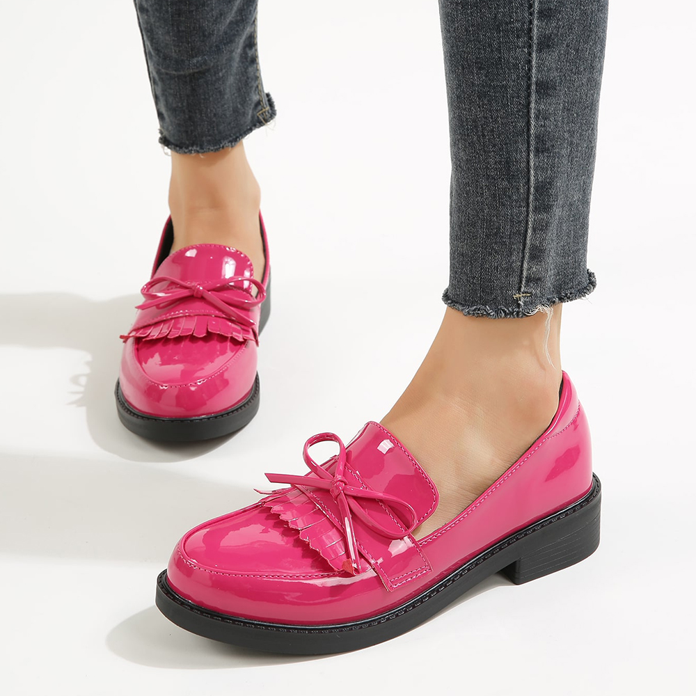 Pink Patent Leather Closed Toe Chunky Heel Loafers with Bow Nicepairs