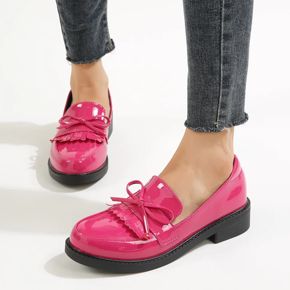 Pink Patent Leather Closed Toe Bow Loafers With Chunky Heels Nicepairs